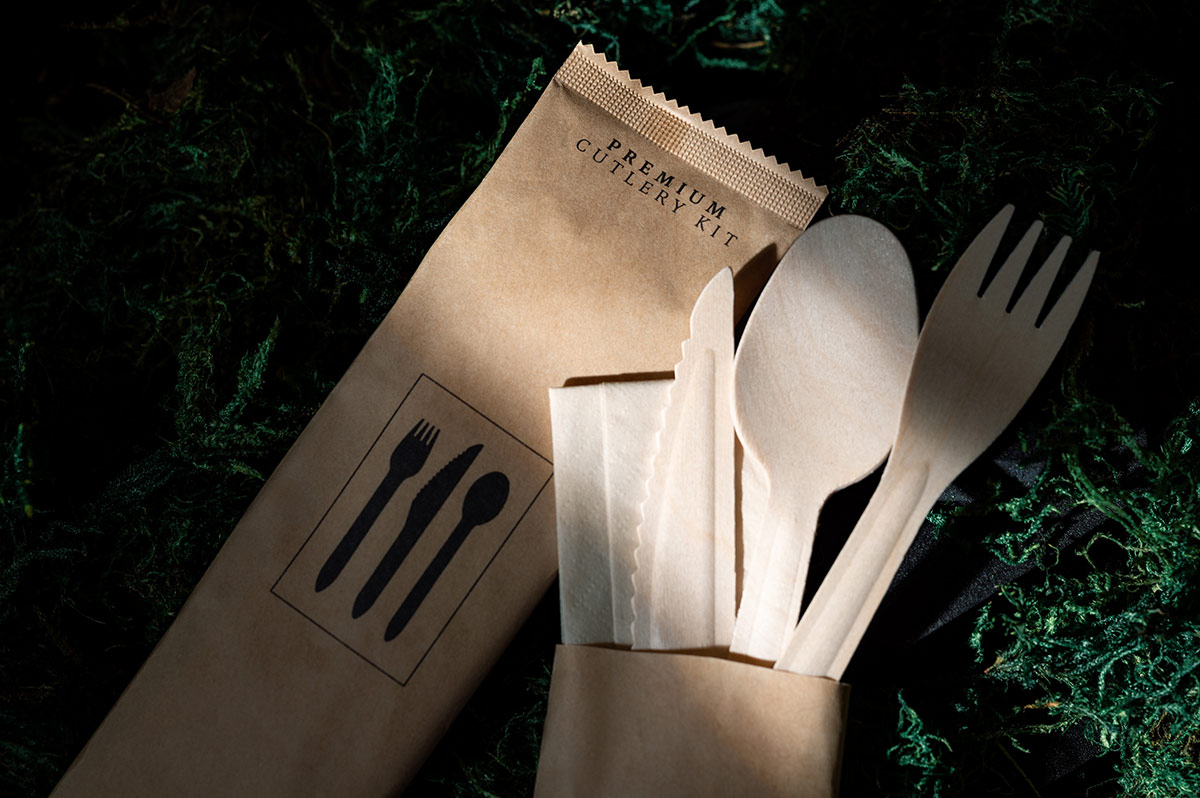 paper wrapped wood cutlery by origin sustainables