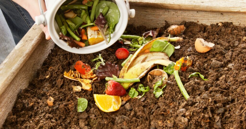 Compost bin with food waste, sustainable certifications