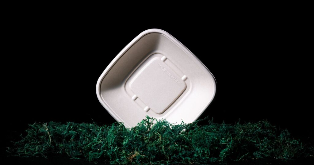 bagasse container on bed of moss, sustainable products