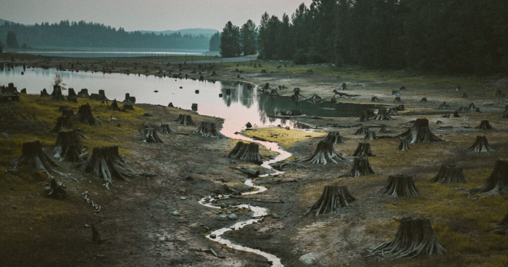 dozens of stumps in front of a forest due to deforestation