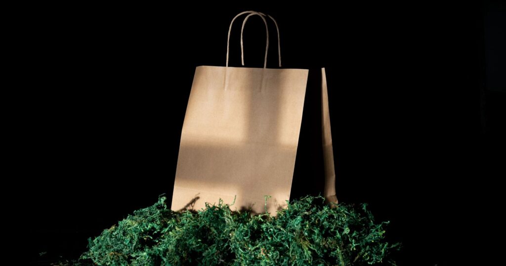 paper bag on pile of moss, calgary plastic ban