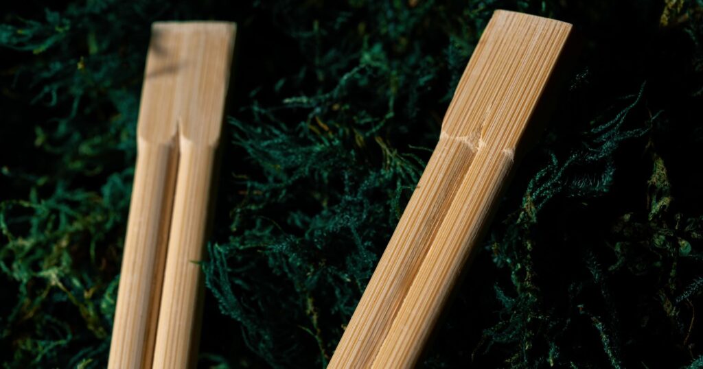 chopsticks on green moss, calgary plastic ban